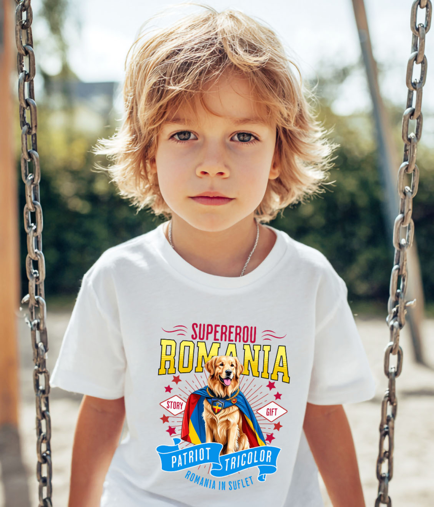 Tricou Femei, Barbati, Copii, Fata, Baiat, Unisex Personalizat Golden Retriever Supererou – Costum Căpitan România, Cadou Personalizat [4]