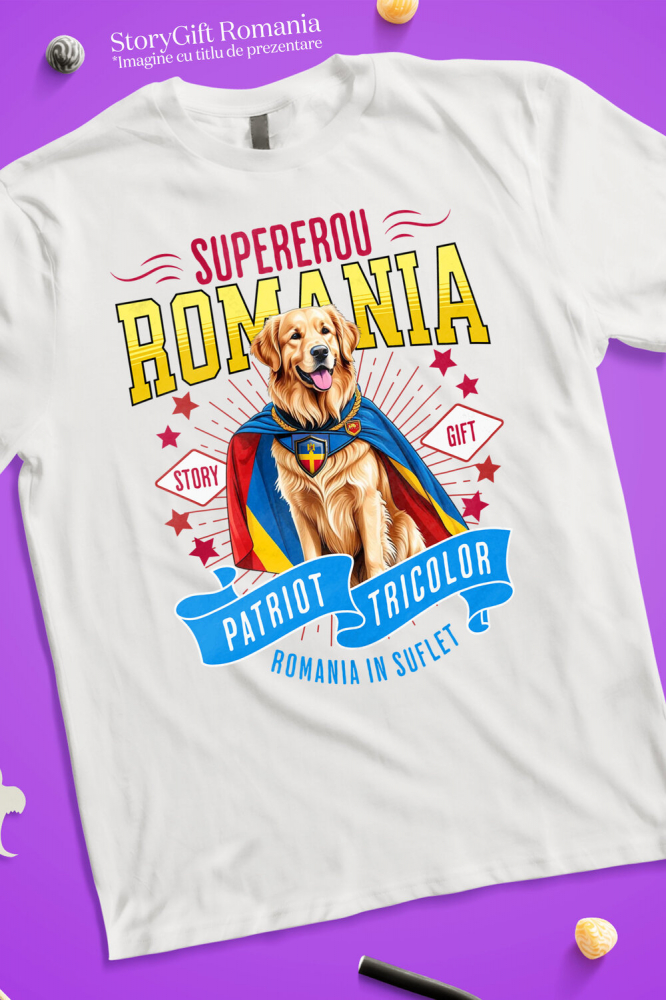 Tricou Femei, Barbati, Copii, Fata, Baiat, Unisex Personalizat Golden Retriever Supererou – Costum Căpitan România, Cadou Personalizat [3]