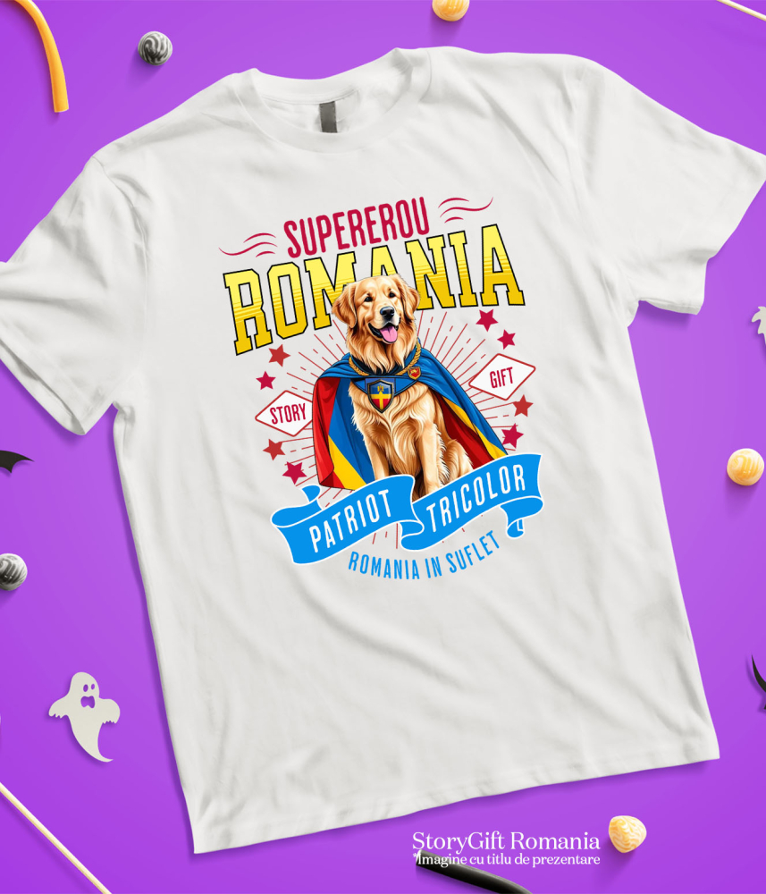 Tricou Femei, Barbati, Copii, Fata, Baiat, Unisex Personalizat Golden Retriever Supererou – Costum Căpitan România, Cadou Personalizat [5]