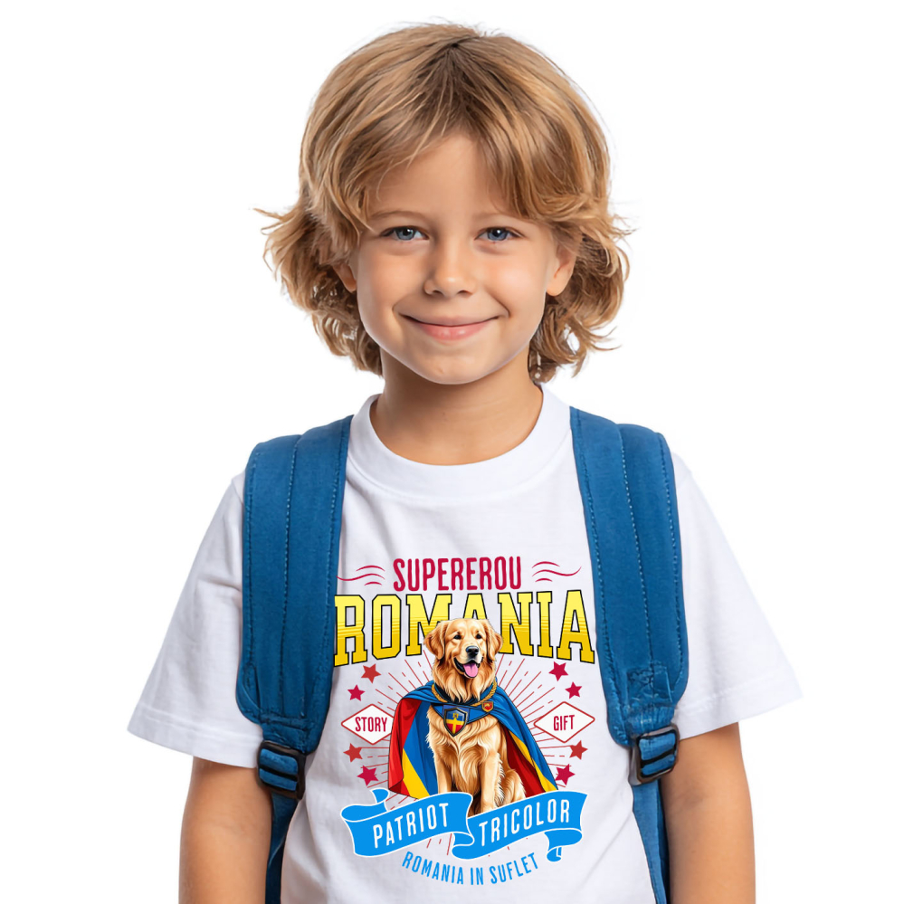 Tricou Femei, Barbati, Copii, Fata, Baiat, Unisex Personalizat Golden Retriever Supererou – Costum Căpitan România, Cadou Personalizat [2]