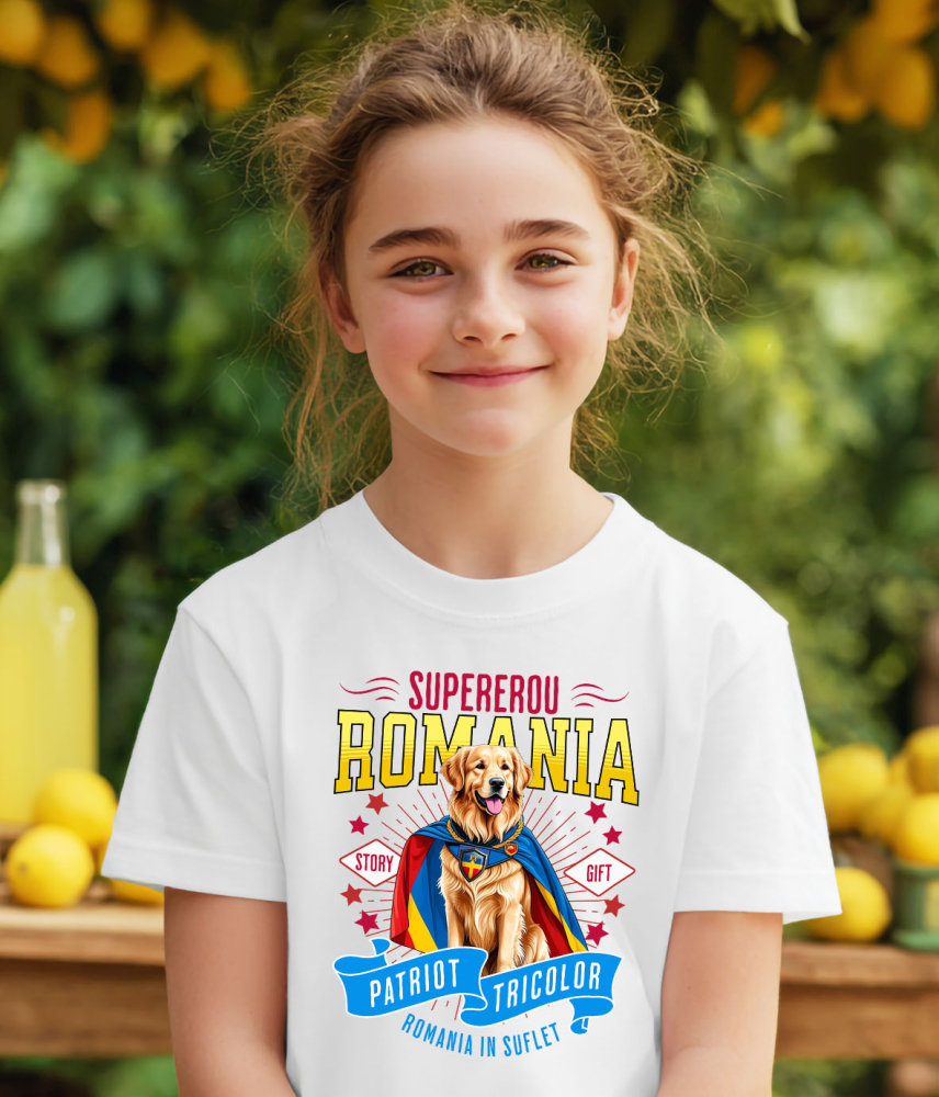 Tricou Femei, Barbati, Copii, Fata, Baiat, Unisex Personalizat Golden Retriever Supererou – Costum Căpitan România, Cadou Personalizat [3]