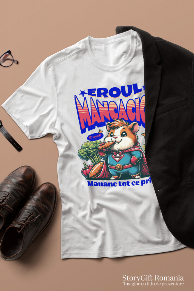 Tricou Femei, Barbati, Copii, Fata, Baiat, Unisex Personalizat Hamster Pufos În Grădină Cu Morcov – Cadou Personalizat „Eroul Mâncăcios” Pentru Copii [3]