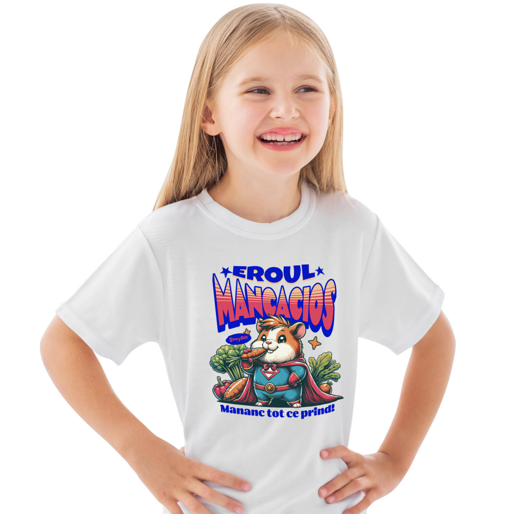 Tricou Femei, Barbati, Copii, Fata, Baiat, Unisex Personalizat Hamster Pufos În Grădină Cu Morcov – Cadou Personalizat „Eroul Mâncăcios” Pentru Copii [2]