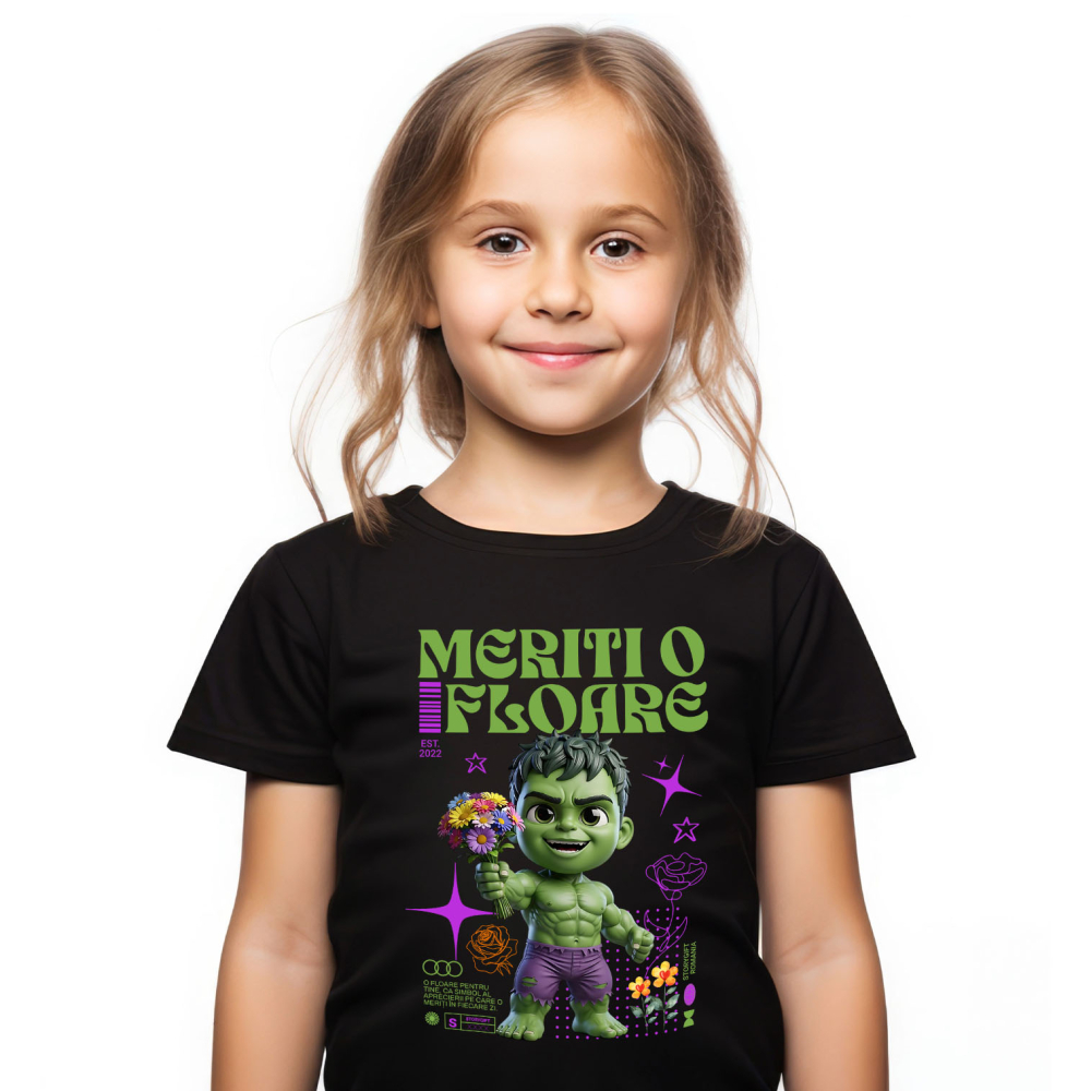 Tricou Copii cu Hulk si Flori din Lumea Disney 100% Bumbac, Negru, 12 Ani [2]