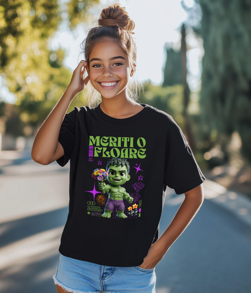 Tricou Copii cu Hulk si Flori din Lumea Disney 100% Bumbac, Negru, 12 Ani [4]