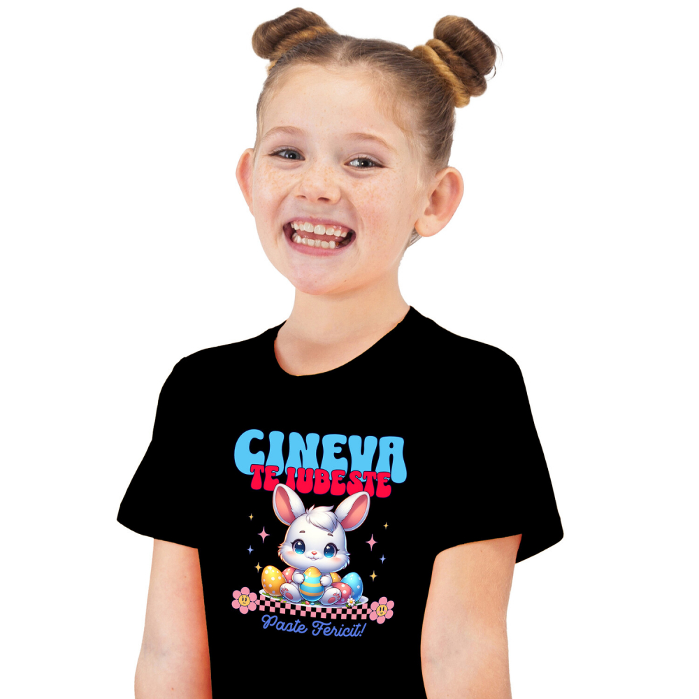 Tricou Femei, Barbati, Copii, Fata, Baiat, Unisex Personalizat "Iepure Alb cu Ochii Albastri și Oua Colorate – Paște Fericit și Dragoste în Sărbători" [2]