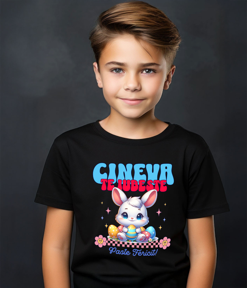 Tricou Femei, Barbati, Copii, Fata, Baiat, Unisex Personalizat "Iepure Alb cu Ochii Albastri și Oua Colorate – Paște Fericit și Dragoste în Sărbători" [3]