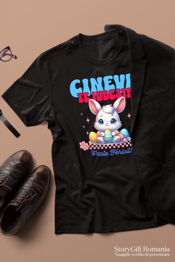 Tricou Femei, Barbati, Copii, Fata, Baiat, Unisex Personalizat "Iepure Alb cu Ochii Albastri și Oua Colorate – Paște Fericit și Dragoste în Sărbători" [3]