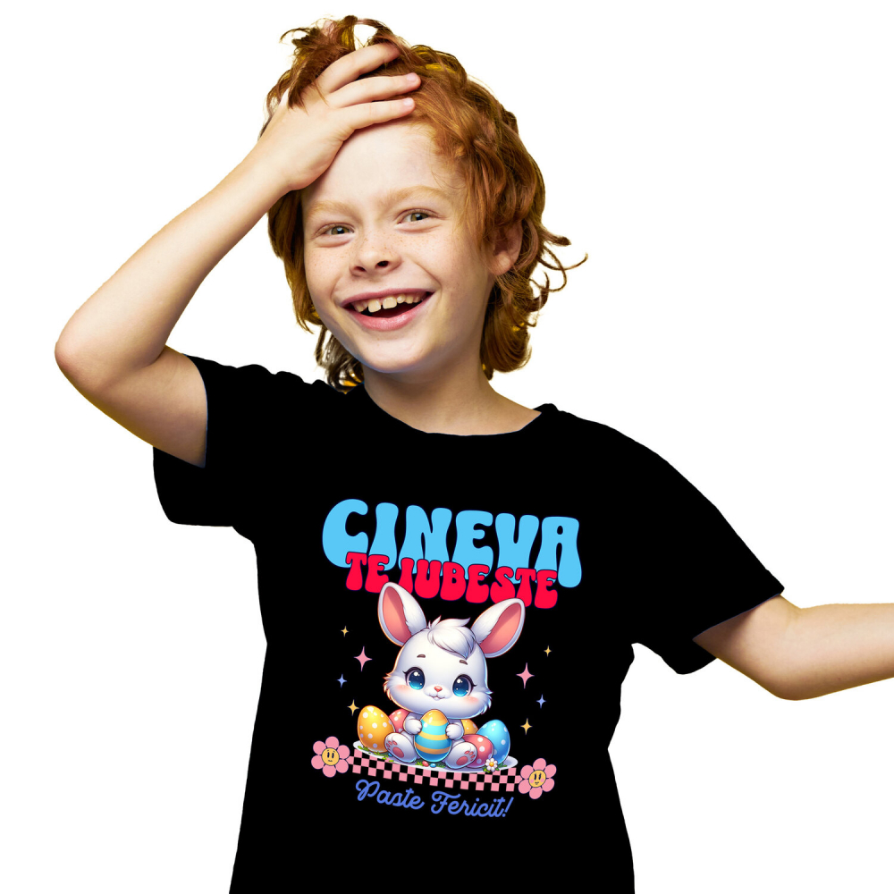 Tricou Femei, Barbati, Copii, Fata, Baiat, Unisex Personalizat "Iepure Alb cu Ochii Albastri și Oua Colorate – Paște Fericit și Dragoste în Sărbători" [1]