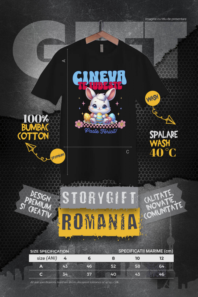 Tricou Femei, Barbati, Copii, Fata, Baiat, Unisex Personalizat "Iepure Alb cu Ochii Albastri și Oua Colorate – Paște Fericit și Dragoste în Sărbători" [4]