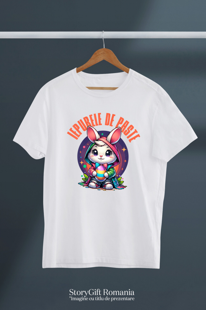 Tricou Femei, Barbati, Copii, Fata, Baiat, Unisex Personalizat "Iepure Alb Cu Pelerină Multicolor și Papion - Iepurele De Paște Perfect" [3]