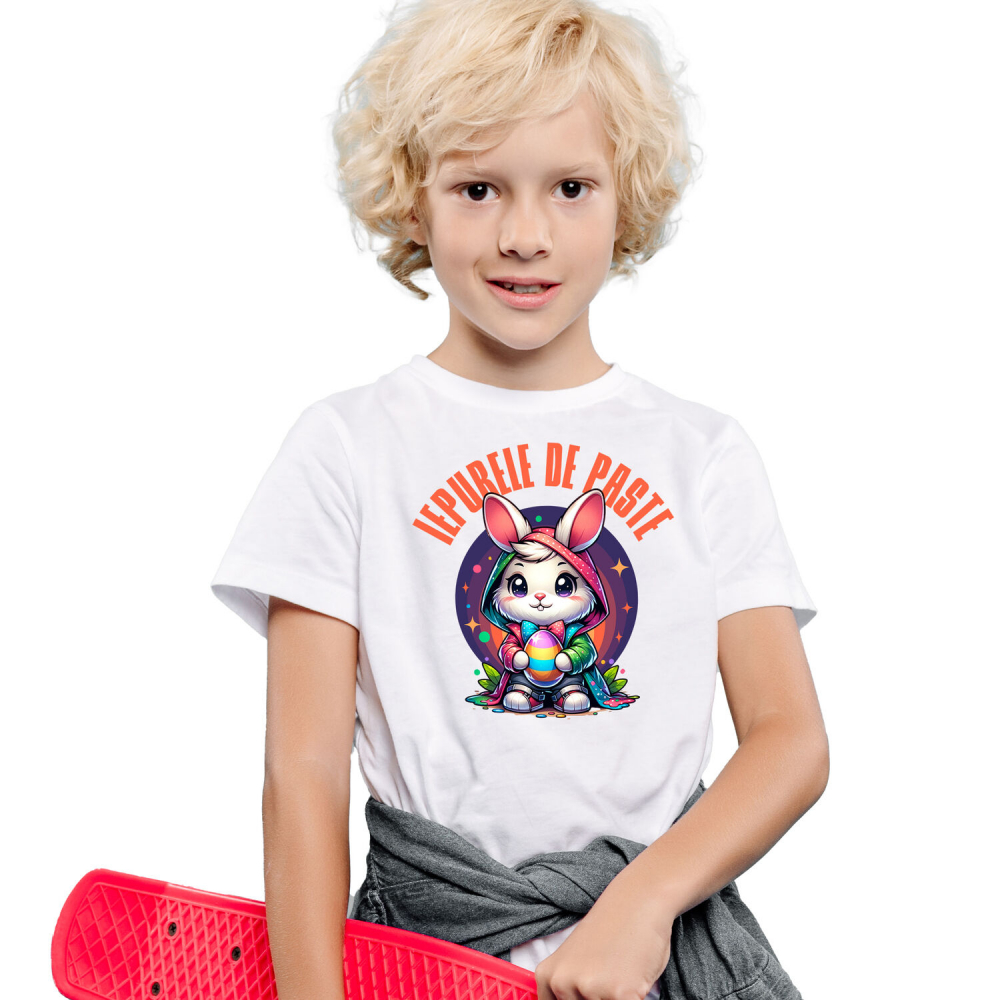 Tricou Femei, Barbati, Copii, Fata, Baiat, Unisex Personalizat "Iepure Alb Cu Pelerină Multicolor și Papion - Iepurele De Paște Perfect" [1]