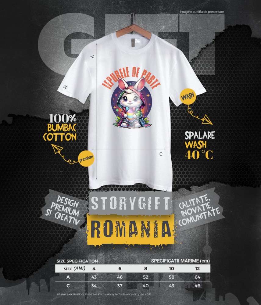 Tricou Femei, Barbati, Copii, Fata, Baiat, Unisex Personalizat "Iepure Alb Cu Pelerină Multicolor și Papion - Iepurele De Paște Perfect" [6]