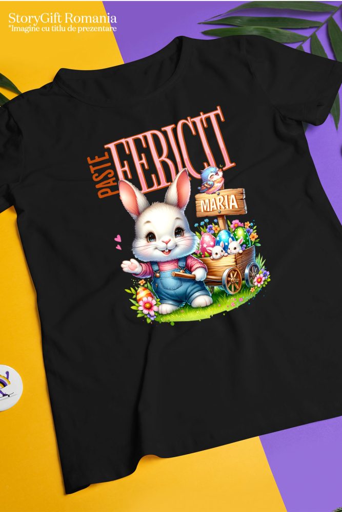 Tricou Femei, Barbati, Copii, Fata, Baiat, Unisex Personalizat "Iepure Alb Cu Salopetă De Denim și Căruț Cu Ouă Colorate - Paște Fericit Maria" [5]