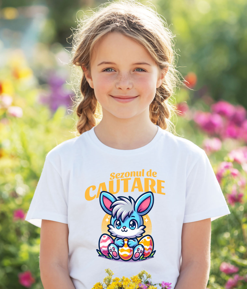 Tricou Femei, Barbati, Copii, Fata, Baiat, Unisex Personalizat "Iepure Albastru cu Freză și Ouă Colorate de Paște - Cadou pentru Copii" [3]