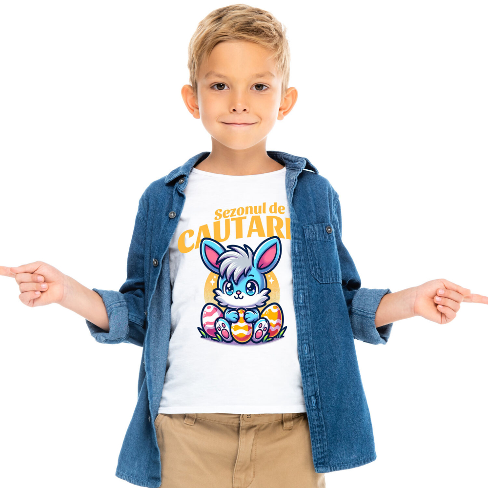 Tricou Femei, Barbati, Copii, Fata, Baiat, Unisex Personalizat "Iepure Albastru cu Freză și Ouă Colorate de Paște - Cadou pentru Copii" [2]