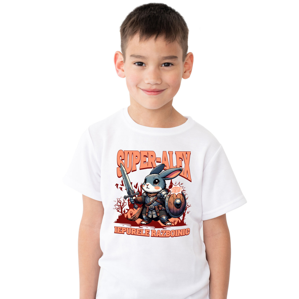 Tricou Femei, Barbati, Copii, Fata, Baiat, Unisex Personalizat Iepure Cavaler cu Armură, Sabie și Scut - Cadou Personalizat pentru Copii [1]