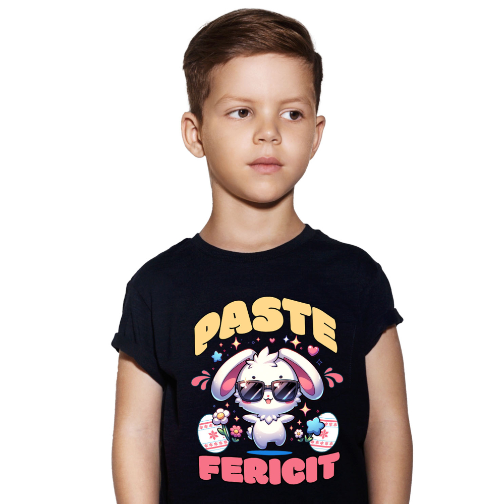 Tricou Femei, Barbati, Copii, Fata, Baiat, Unisex Personalizat "Iepure Cool Alb Cu Ochelari De Soare - Paște Fericit Cu Ouă Colorate și Flori" [1]