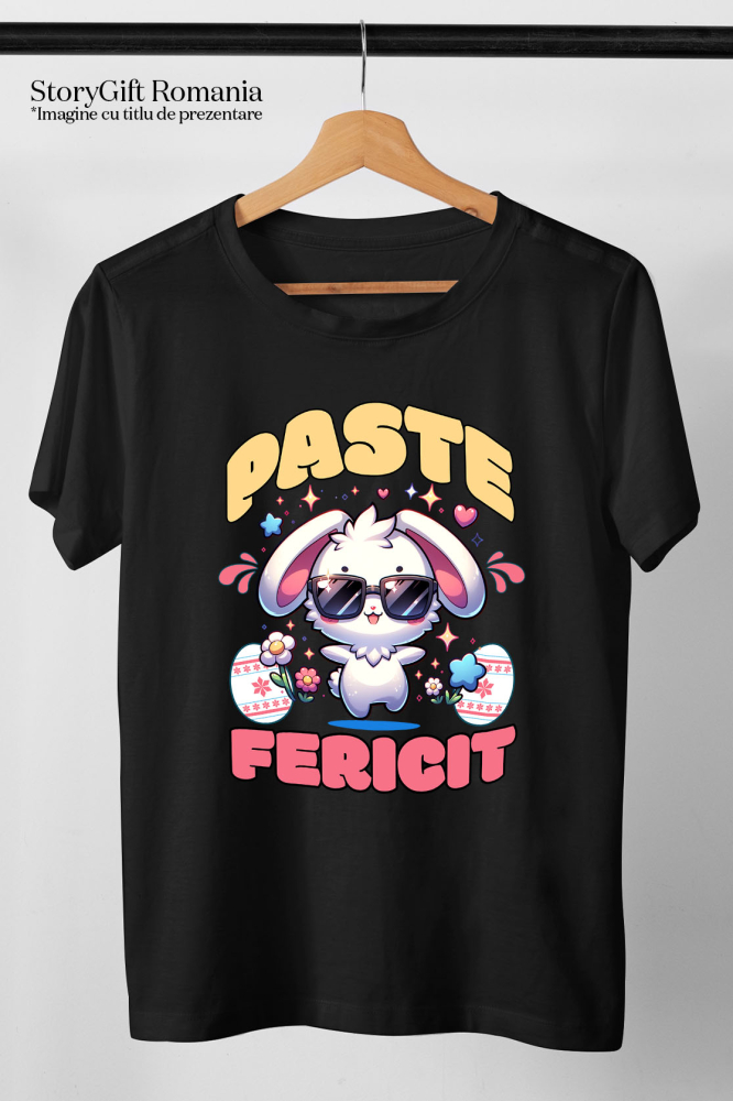 Tricou Femei, Barbati, Copii, Fata, Baiat, Unisex Personalizat "Iepure Cool Alb Cu Ochelari De Soare - Paște Fericit Cu Ouă Colorate și Flori" [5]