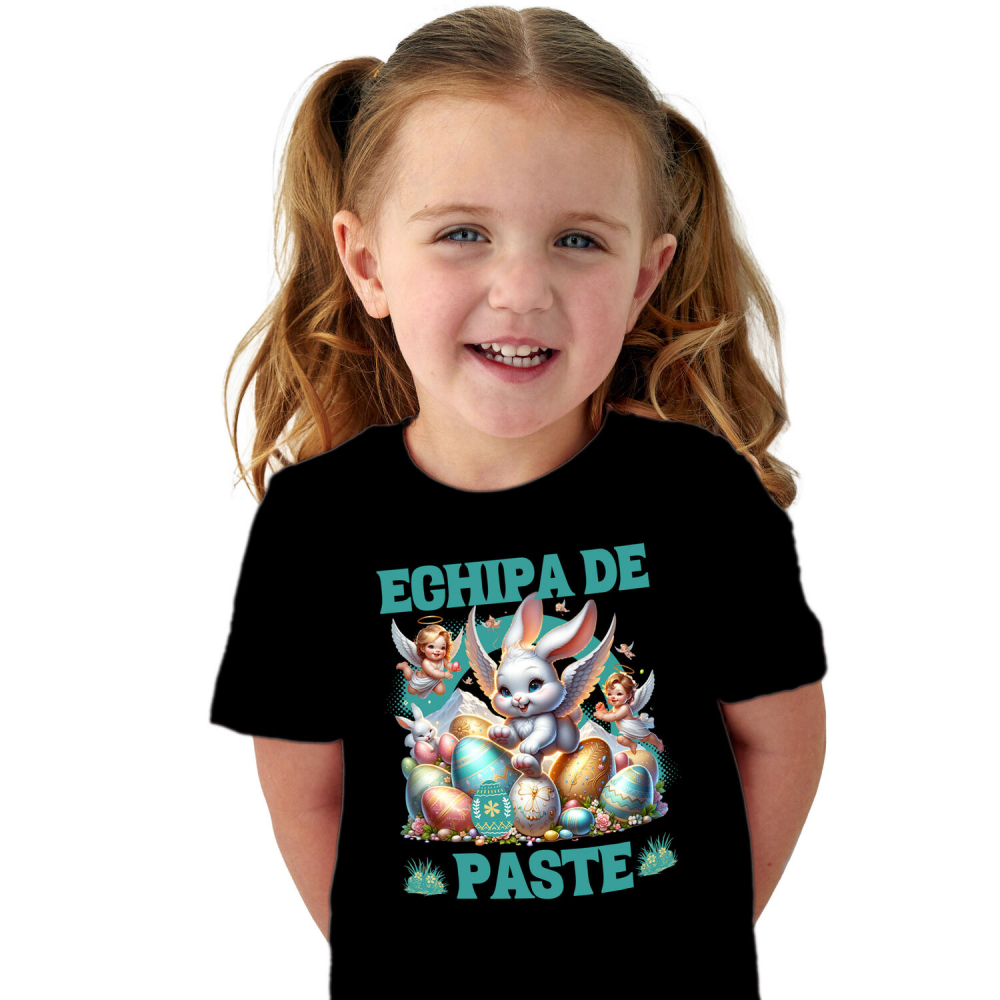 Tricou Femei, Barbati, Copii, Fata, Baiat, Unisex Personalizat "Iepure Fericit Cu Aripi De Înger și Ouă Colorate - Paște Cu Bebelusi Îngeri" [1]