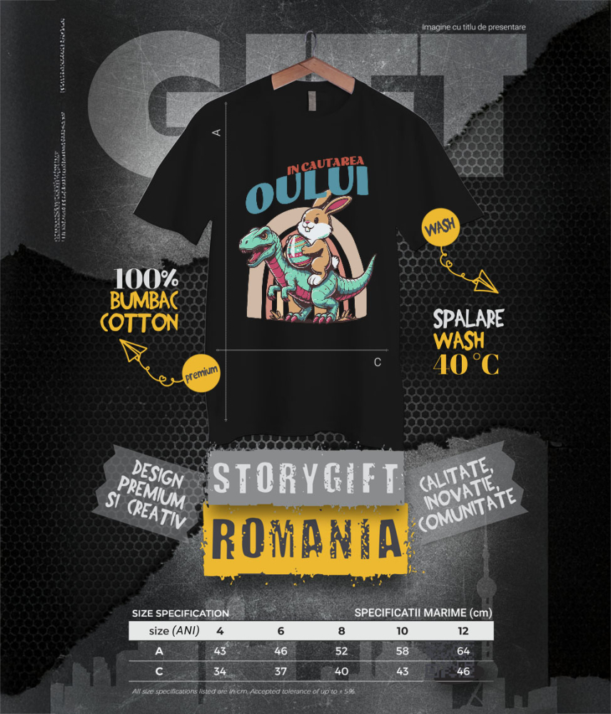 Tricou Femei, Barbati, Copii, Fata, Baiat, Unisex Personalizat "Iepure Maro Cu Oul Colorat și T-rex - Cadou Paște Creativ și Distractiv" [6]