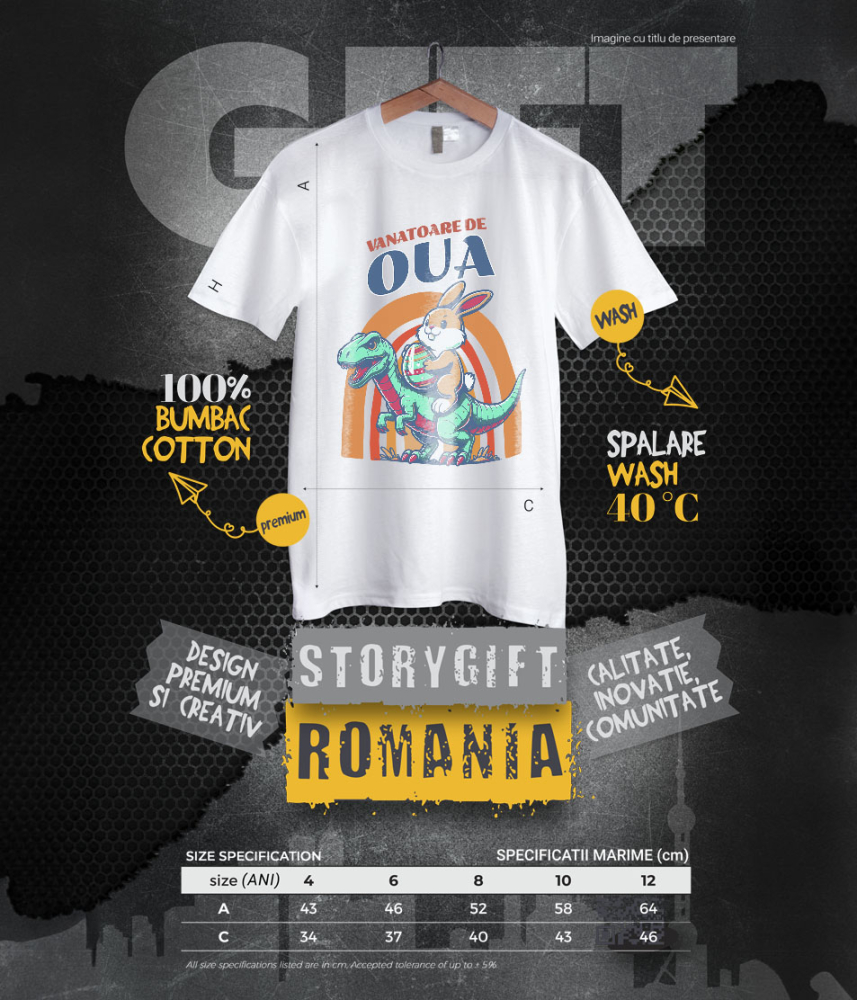 Tricou Femei, Barbati, Copii, Fata, Baiat, Unisex Personalizat "Iepurele maro cu ou colorat călărind un dinozaur T-rex aduce o notă jucăușă și veselă sărbătorilor Pascale. O imagine perfectă pentru vânătoarea de ouă Paște alături de copii și familie." [6]