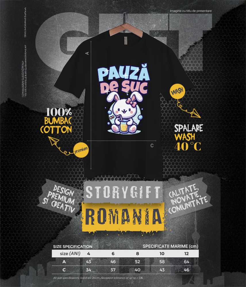 Tricou Femei, Barbati, Copii, Fata, Baiat, Unisex Personalizat „Iepure Roz cu Pahar de Suc – Pauză de Suc Copii Bule, Cadou Personalizat pentru Micuți” [6]