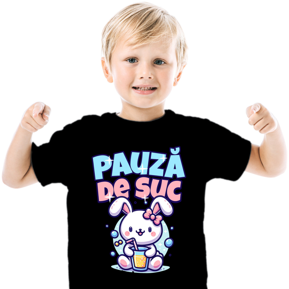 Tricou Femei, Barbati, Copii, Fata, Baiat, Unisex Personalizat „Iepure Roz cu Pahar de Suc – Pauză de Suc Copii Bule, Cadou Personalizat pentru Micuți” [2]