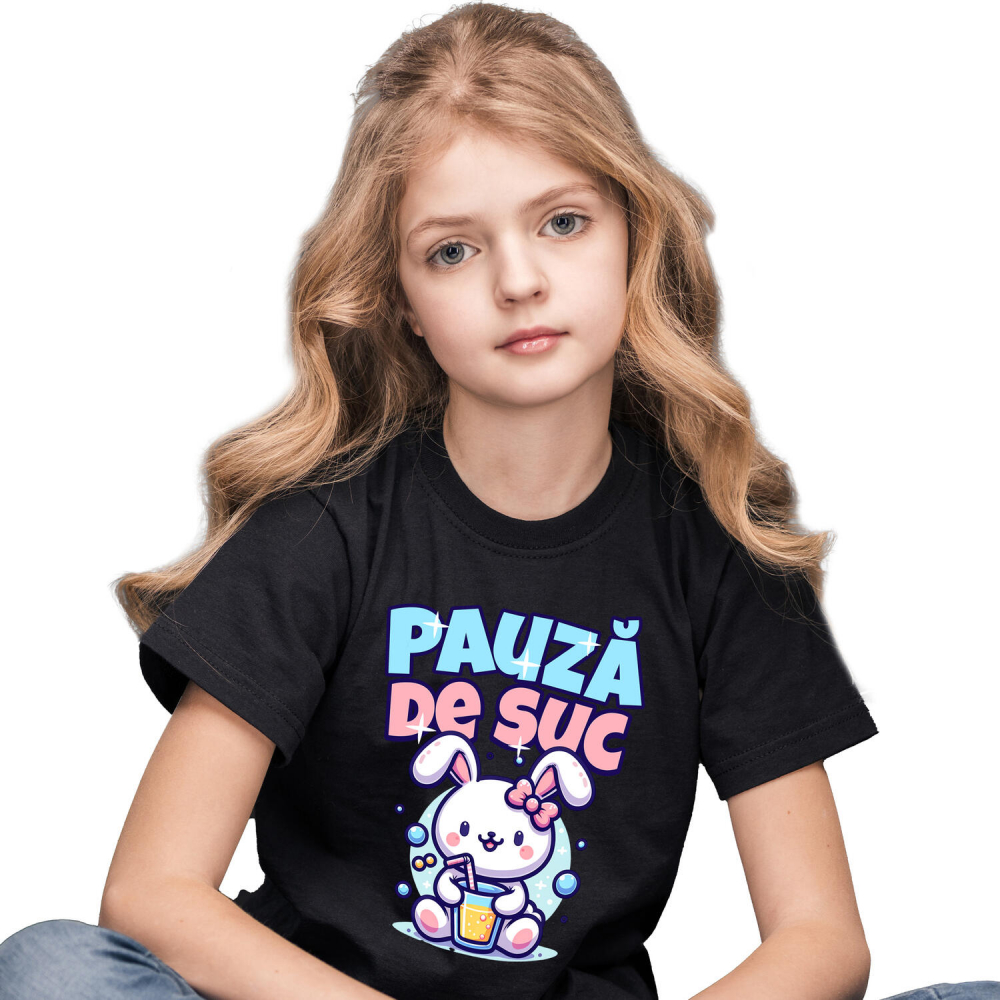 Tricou Femei, Barbati, Copii, Fata, Baiat, Unisex Personalizat „Iepure Roz cu Pahar de Suc – Pauză de Suc Copii Bule, Cadou Personalizat pentru Micuți” [1]