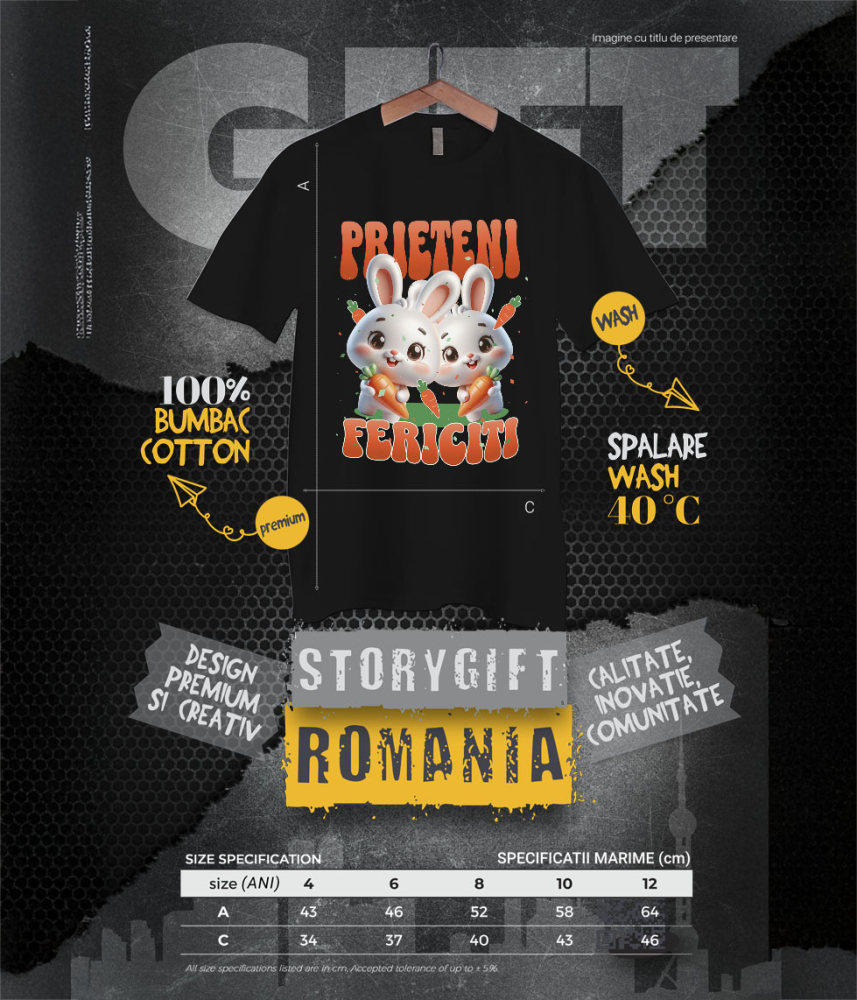 Tricou Femei, Barbati, Copii, Fata, Baiat, Unisex Personalizat "Iepuri Albi cu Morcovi - Prieteni Fericiți | Cadou Personalizat Paște" [6]