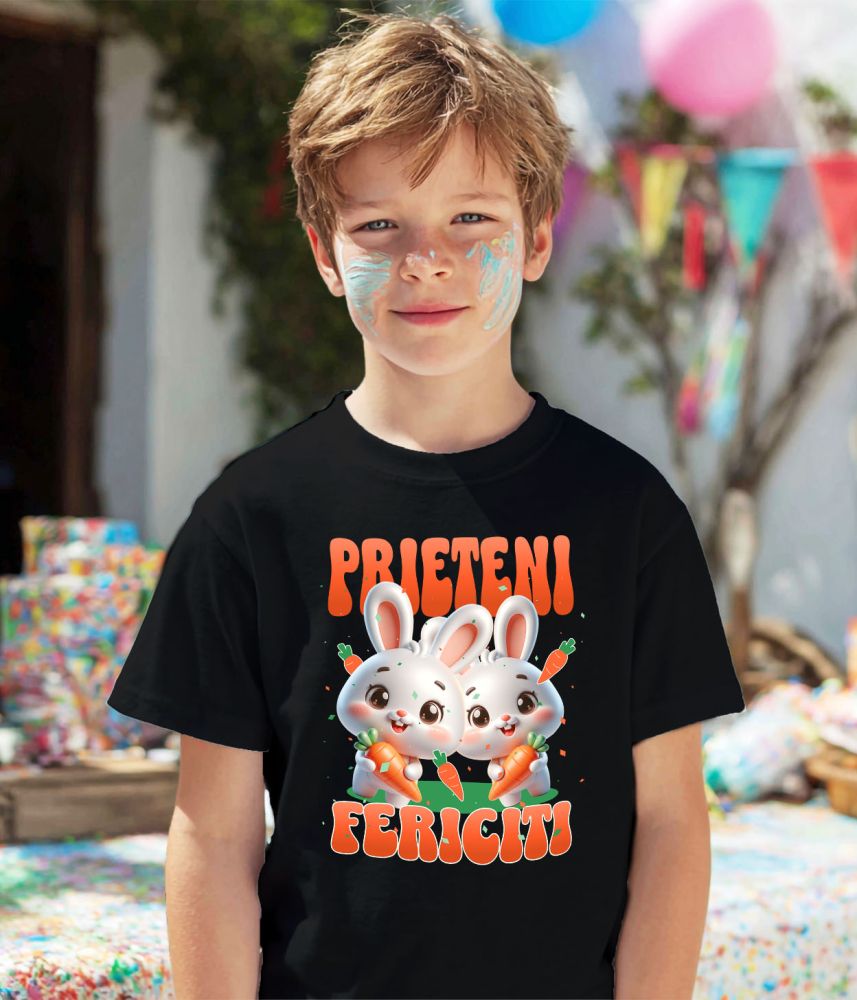 Tricou Femei, Barbati, Copii, Fata, Baiat, Unisex Personalizat "Iepuri Albi cu Morcovi - Prieteni Fericiți | Cadou Personalizat Paște" [3]