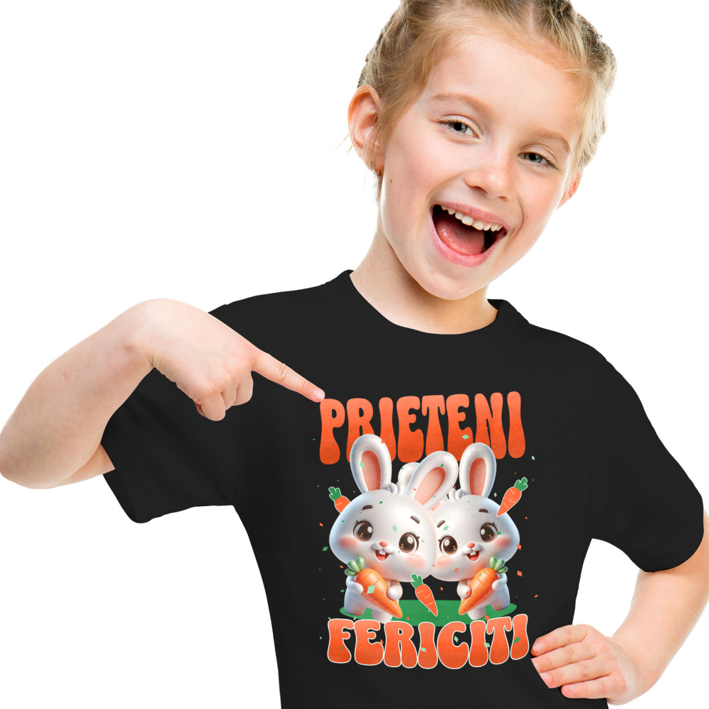 Tricou Femei, Barbati, Copii, Fata, Baiat, Unisex Personalizat "Iepuri Albi cu Morcovi - Prieteni Fericiți | Cadou Personalizat Paște" [2]