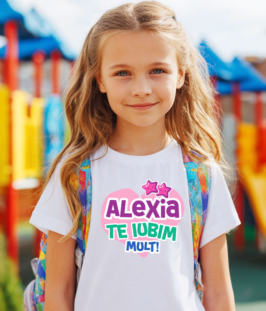 Tricou Femei, Barbati, Copii, Fata, Baiat, Unisex Personalizat "Inima Roz cu Stele Zâmbitoare - Cadou Personalizat pentru Alexia, Dragoste și Valentine's Day" [3]