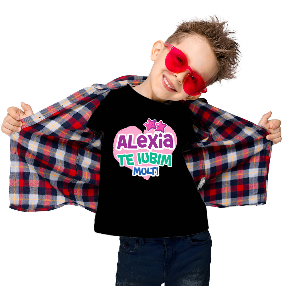 Tricou Femei, Barbati, Copii, Fata, Baiat, Unisex Personalizat "Inima Roz cu Stele Zâmbitoare - Cadou Personalizat pentru Alexia, Dragoste și Valentine's Day" [2]