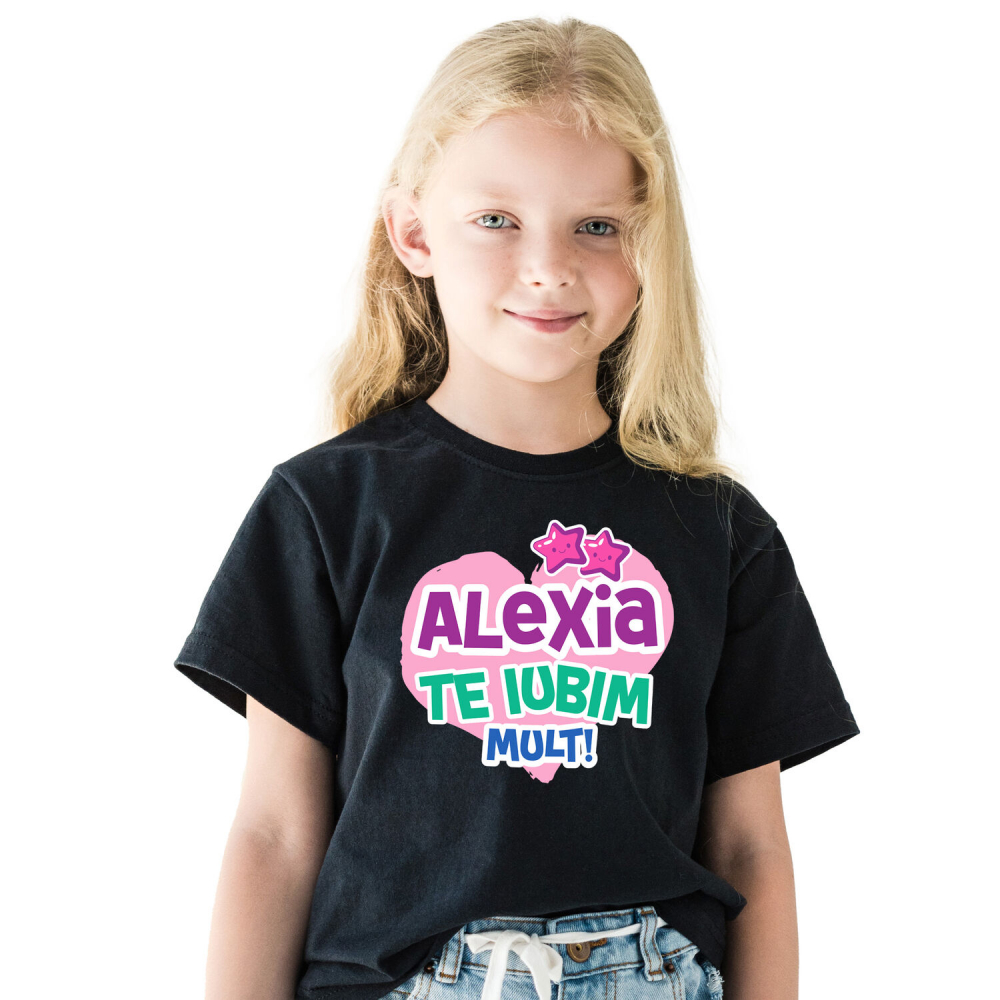 Tricou Femei, Barbati, Copii, Fata, Baiat, Unisex Personalizat "Inima Roz cu Stele Zâmbitoare - Cadou Personalizat pentru Alexia, Dragoste și Valentine's Day" [1]