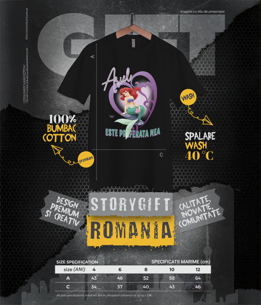 Tricou Copii cu Inima si Visul Ariellei 100% Bumbac, Negru, 10 Ani [6]