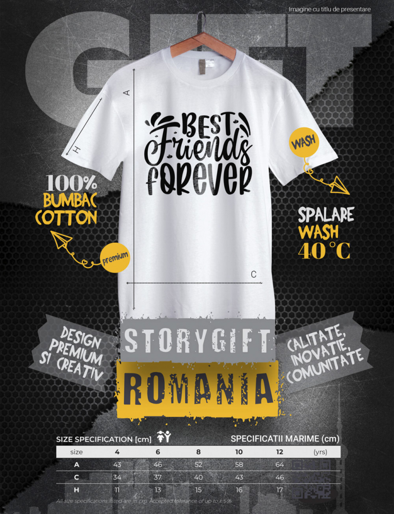 Tricou Copii cu inimioare si textul "Best friends forever" - cele mai bune prietene pentru totdeauna intelegere 100% Bumbac, Unisex, Alb, 12 Ani, 158CM [3]