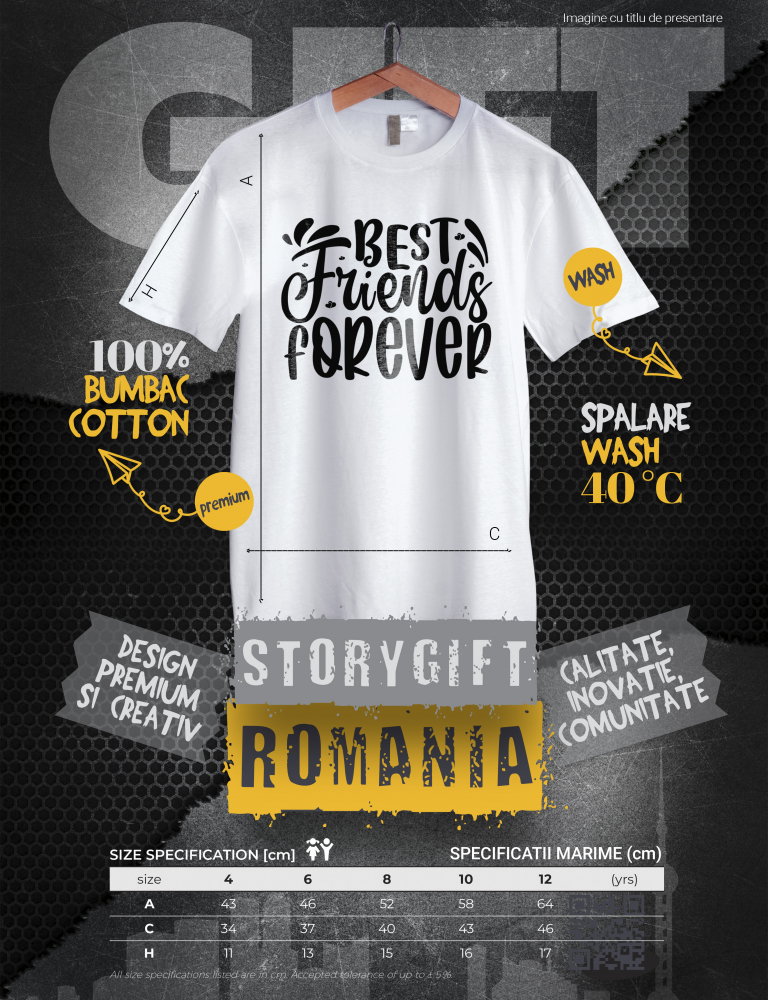 Tricou Copii cu inimioare si textul "Best friends forever" - cele mai bune prietene pentru totdeauna intelegere 100% Bumbac, Unisex, Alb, 12 Ani, 158CM [3]