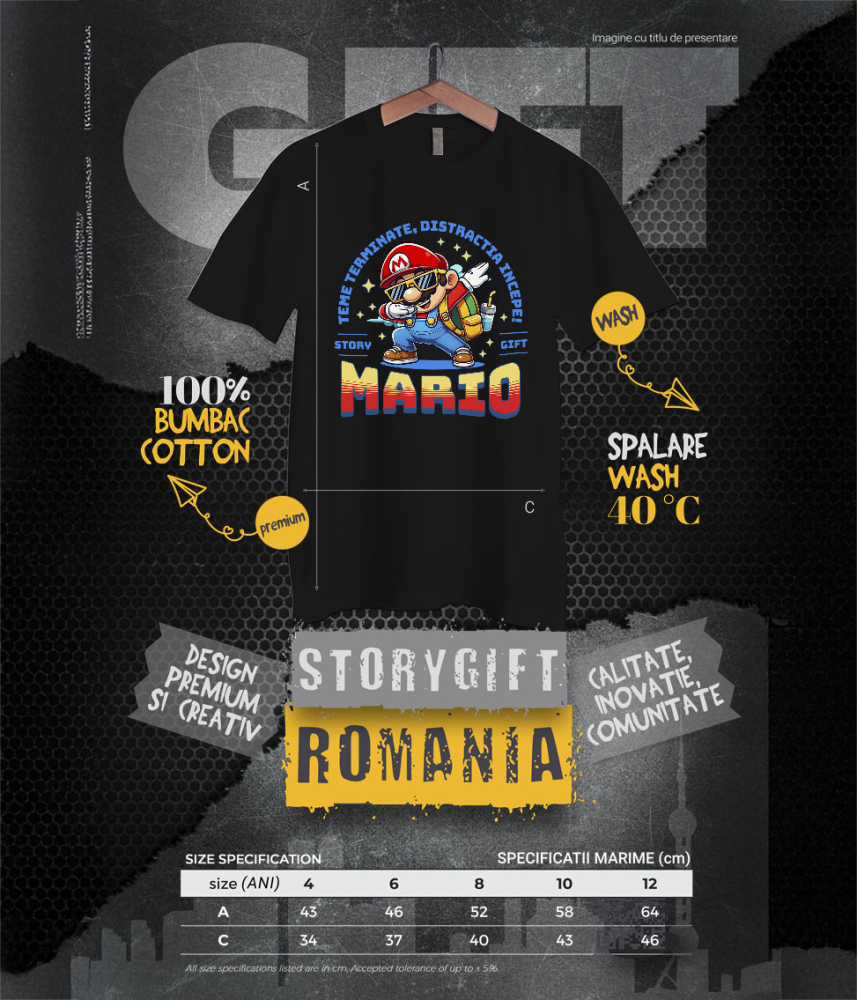 Tricou Copii cu Invata si Creste alaturi de Mario 100% Bumbac, Negru, 12 Ani [6]