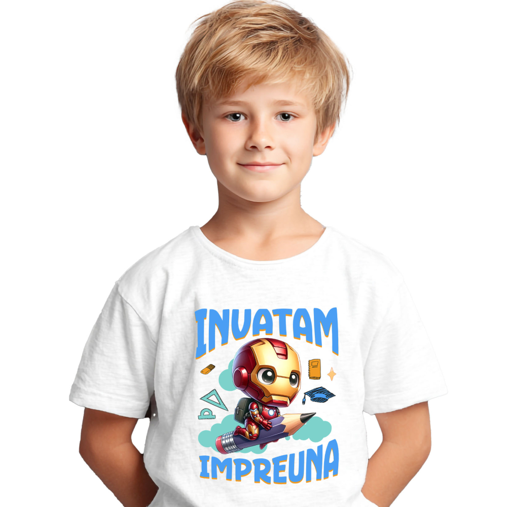Tricou Copii cu Iron Man si Prietenii Invata Impreuna 100% Bumbac, Alb, 8 Ani [2]