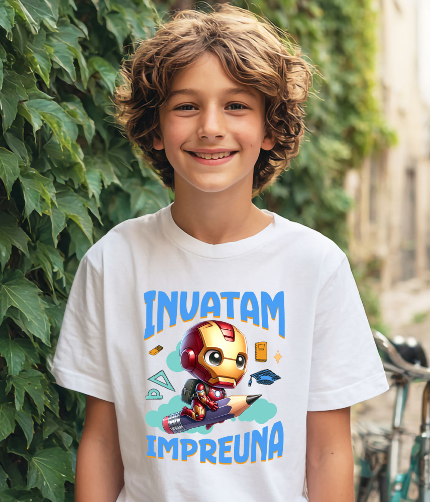 Tricou Copii cu Iron Man si Prietenii Invata Impreuna 100% Bumbac, Alb, 8 Ani [4]