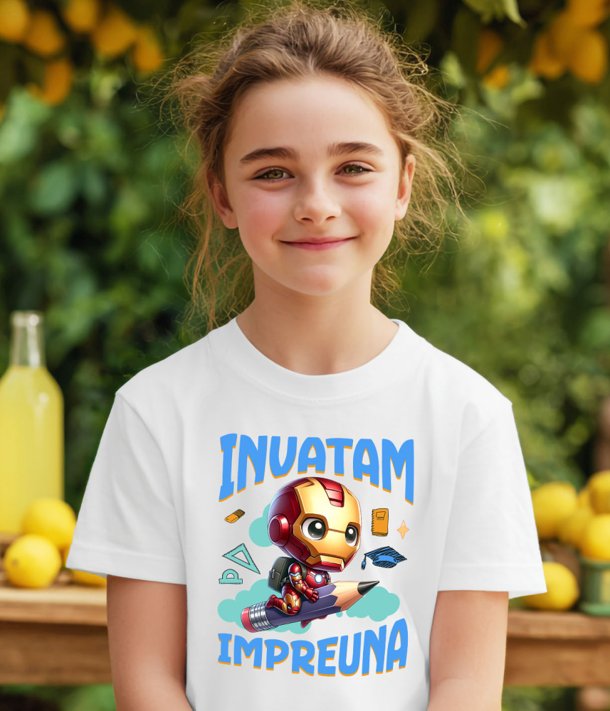 Tricou Copii cu Iron Man si Prietenii Invata Impreuna 100% Bumbac, Alb, 8 Ani [3]