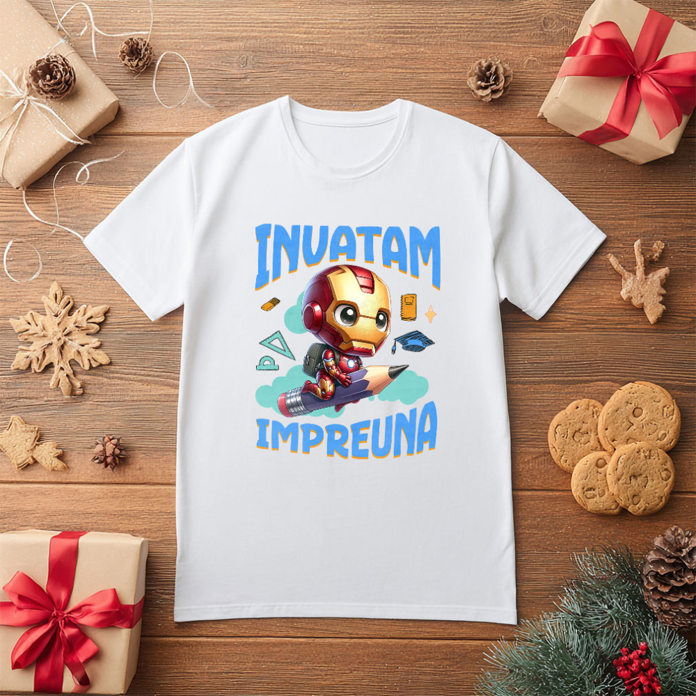 Tricou Copii cu Iron Man si Prietenii Invata Impreuna 100% Bumbac, Alb, 8 Ani [5]