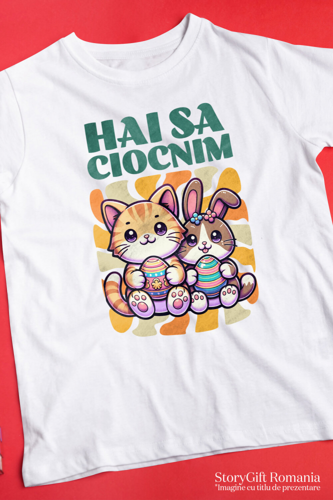 Tricou Femei, Barbati, Copii, Fata, Baiat, Unisex Personalizat "Pisica Portocalie și Iepure Cu Ouă Colorate - Hai Să Ciocnim Paște Fericit" [3]