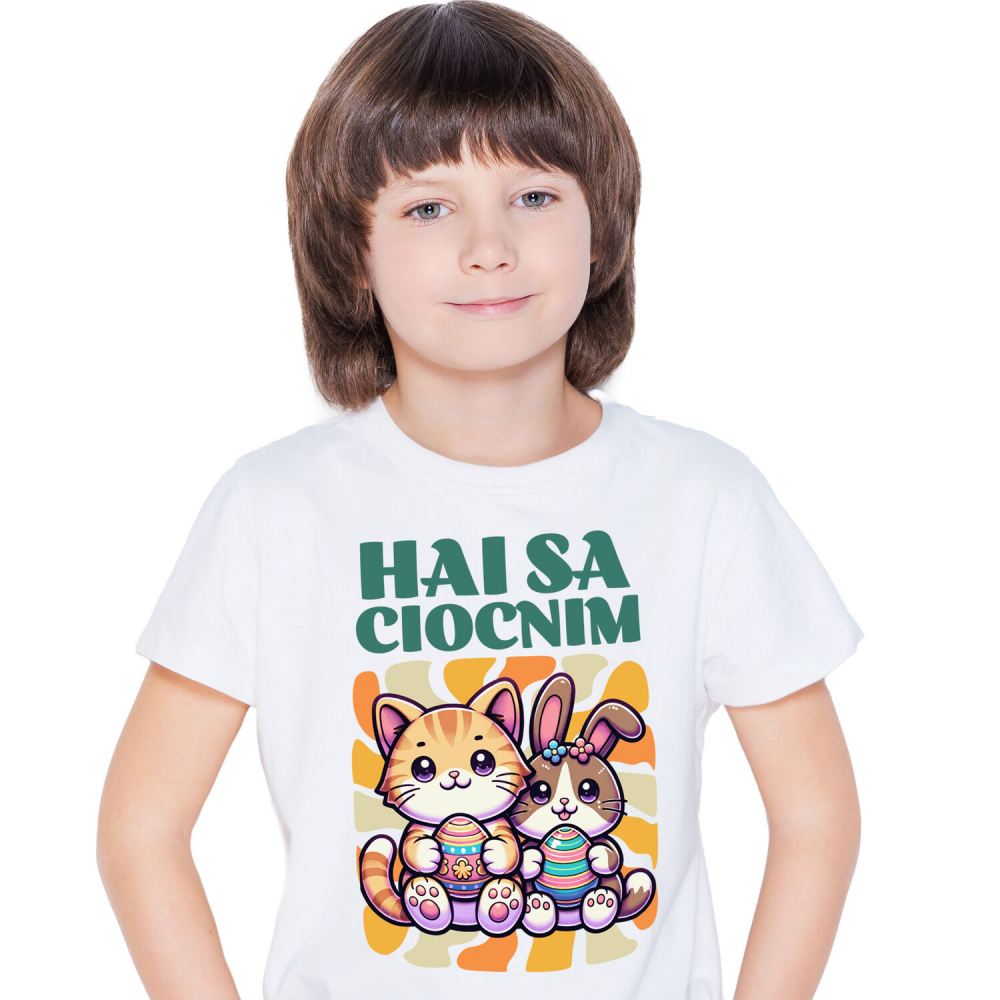 Tricou Femei, Barbati, Copii, Fata, Baiat, Unisex Personalizat "Pisica Portocalie și Iepure Cu Ouă Colorate - Hai Să Ciocnim Paște Fericit" [2]