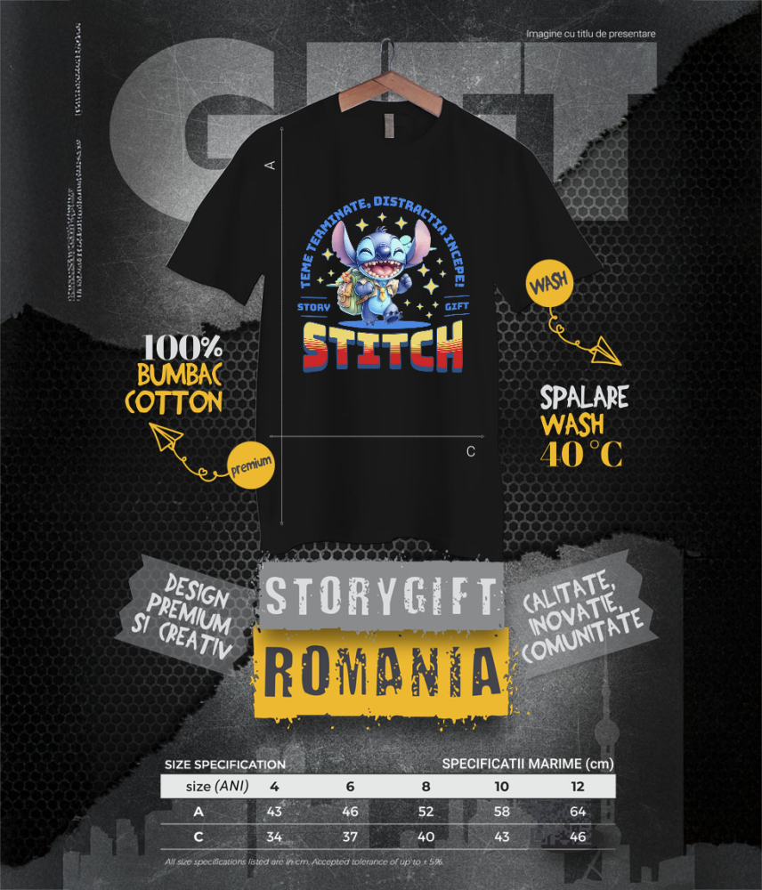Tricou Copii cu Joaca si Invata cu Stitch 100% Bumbac, Negru, 12 Ani [6]