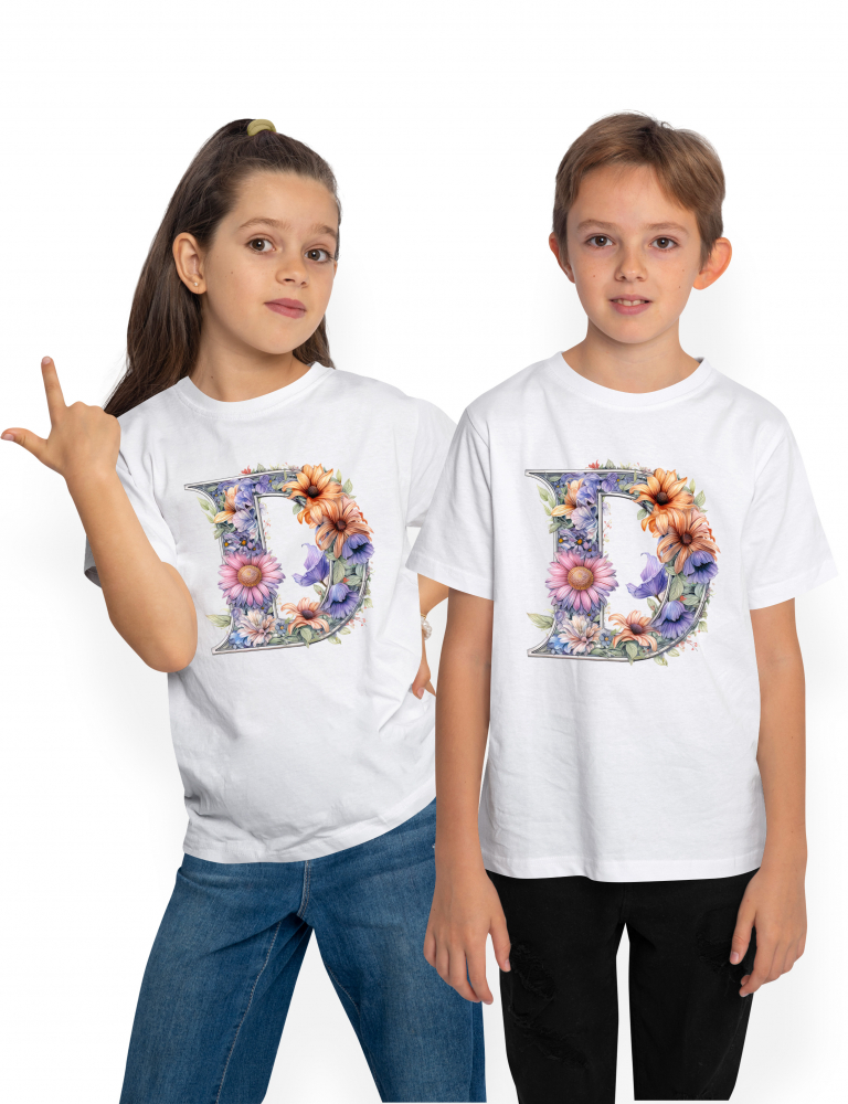 Tricou Copii cu litera "D", ilustratie, pentru copii, scoala, elev, flori, invata, scris, abecedar, clasa I  100% Bumbac, Unisex, Alb, 8 Ani, 52CM [1]