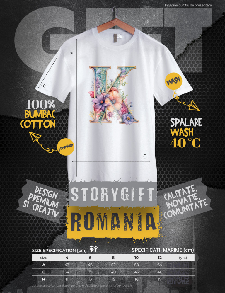 Tricou Copii cu litera "K", ilustratie, pentru copii, scoala, elev, flori, abecedar, alfabet  100% Bumbac, Unisex, Alb, 6 Ani, 46CM [2]