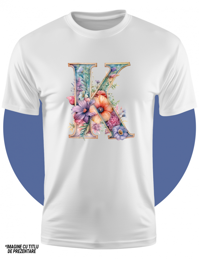Tricou Copii cu litera "K", ilustratie, pentru copii, scoala, elev, flori, abecedar, alfabet  100% Bumbac, Unisex, Alb, 6 Ani, 46CM [3]