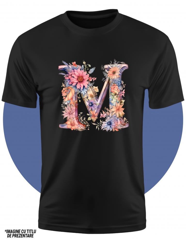 Tricou Copii cu litera "M", ilustratie, pentru copii, scoala, elev, flori, abecedar, alfabet, invata  100% Bumbac, Unisex, Negru, 10 Ani, 58CM [2]